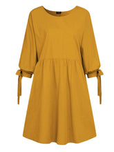 Women Solid Color Pleating Knotted 3/4 Sleeve O-Neck Casual Daily Loose Mini Dress